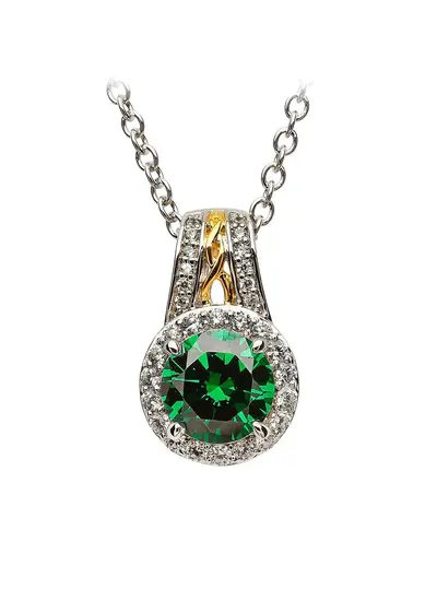 White background cut out shot of Celtic Silver Green Stone Halo Pendant